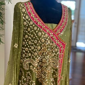 Brand new fancy dress, green pure chiffon mukesh with white stones. All Handmade